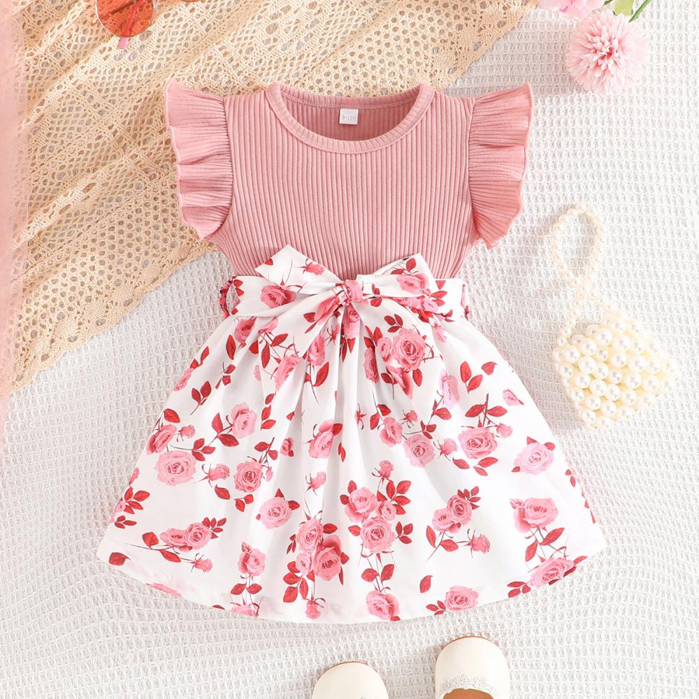 Spring and summer flying sleeve dress+belt two -piece putting rose printed Valentine's Day fashion versatile young children Baby Wholesale dresses